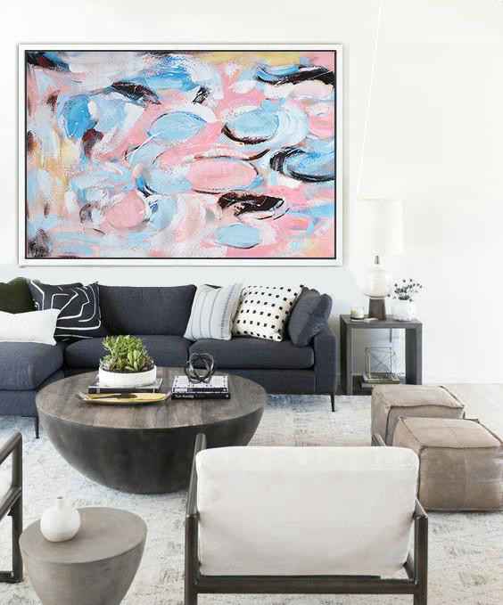 Extra Large Acrylic Painting On Canvas,Oversized Horizontal Contemporary Art,Living Room Wall Art,Blue,Pink,White,Black,Brown.etc